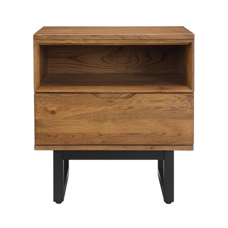 Armen Living Aldo 1 Drawer Nightstand in Brown Oak Wood with Black Metal Legs LCAOLAROAK